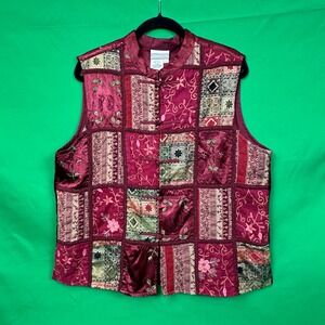Coldwater Creek Vest Patchwork Embroidered Kimono Burgundy boho‎ whimsy satin